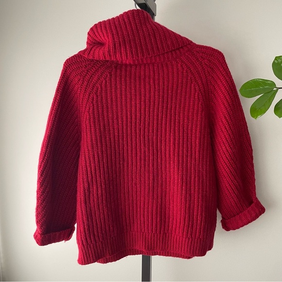 GAP Wool Alpaca Chunky Oversized Roll Cowl Turtle Neck Knit Pullover Sweater Red - Picture 2 of 8